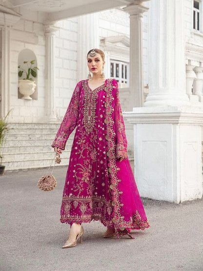 Maria.B Luxury Chiffon Pinkish Red Dress Embroidered 3 Piece Unstitched